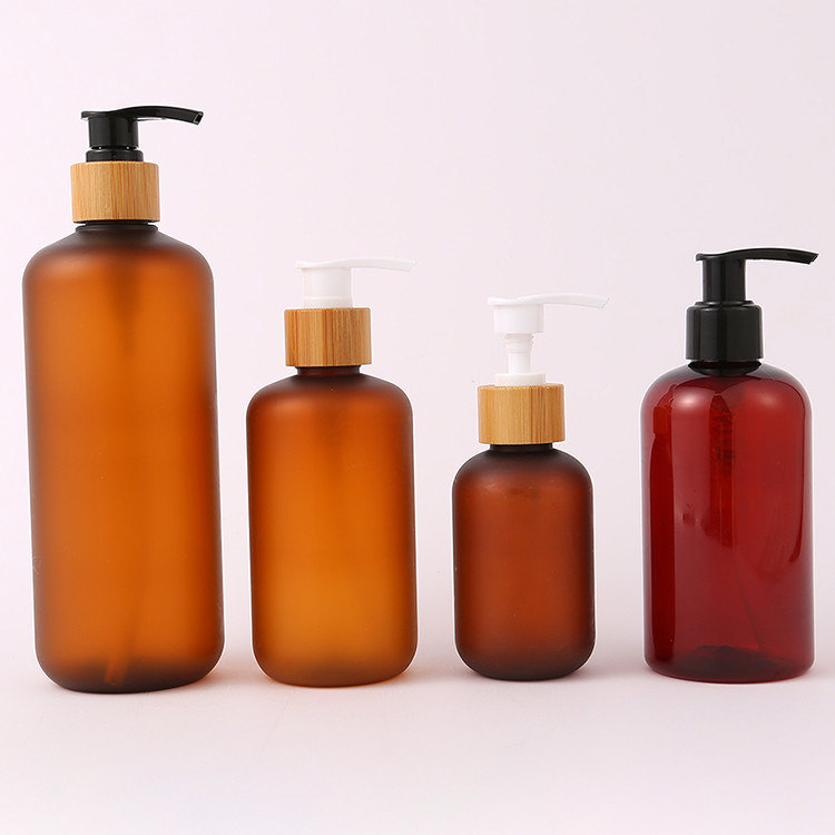 300ml 500ml Biodegradable Bamboo Cap Amber Matt Black PET Bottle for in Other Cosmetic Body Wash Shampoo Hair Conditioner